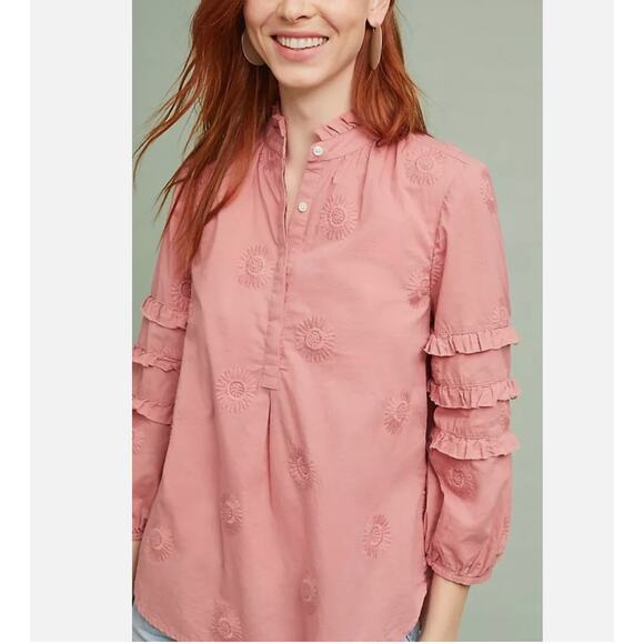 Isabella Sinclair Anthropologie Sunflower Embroidered Blouse Top Pink Medium - Picture 2 of 9